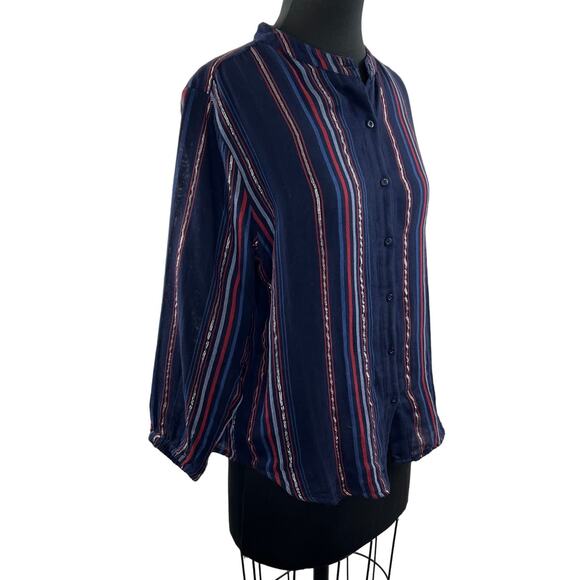 SUNDRY Multi Blouse Striped Print Cotton Blend Collarless Button Front Size 1 S - Picture 1 of 9